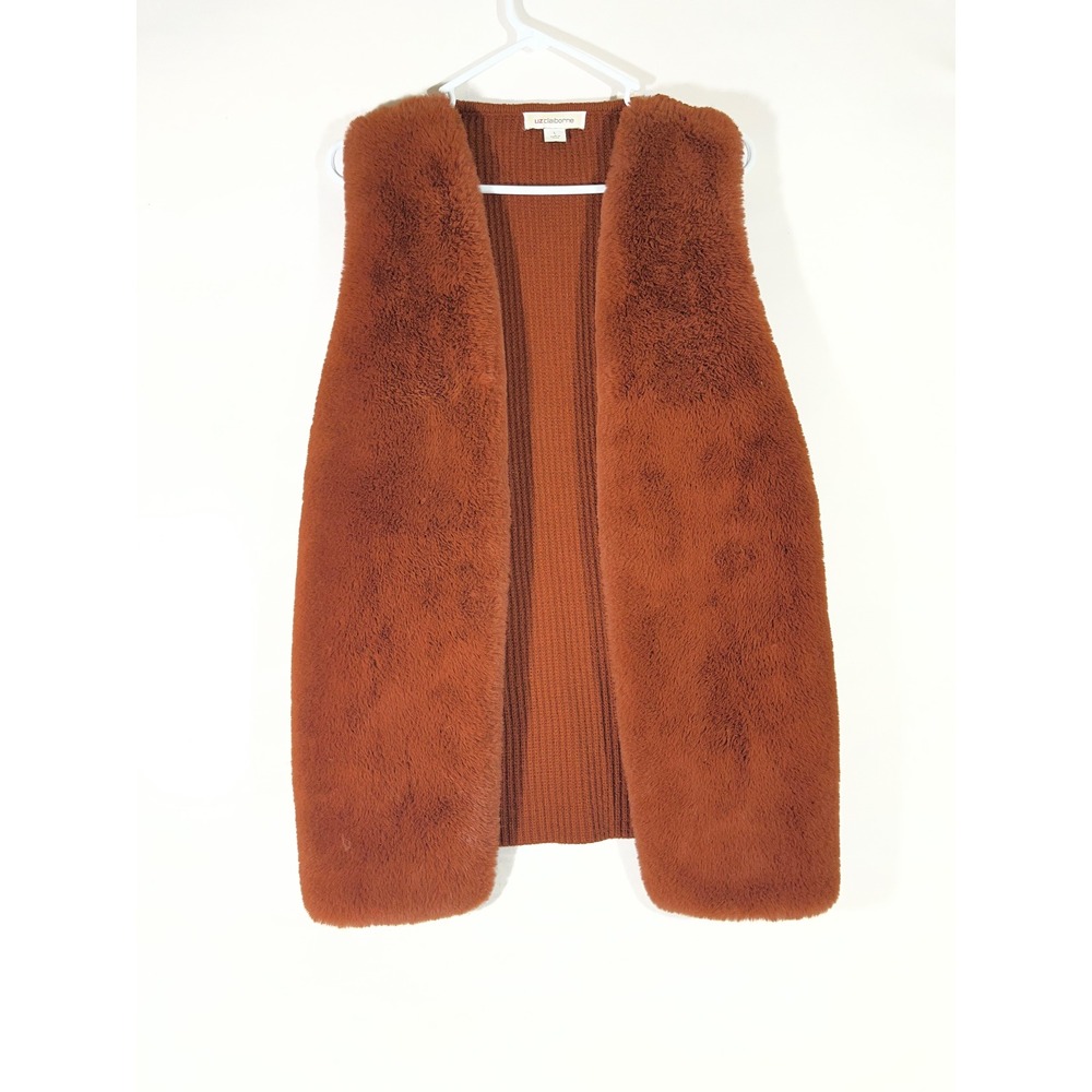 Liz Claiborne Faux Fur Vest Women L Rust Brown Knit Back Open Front Aspen Vibe